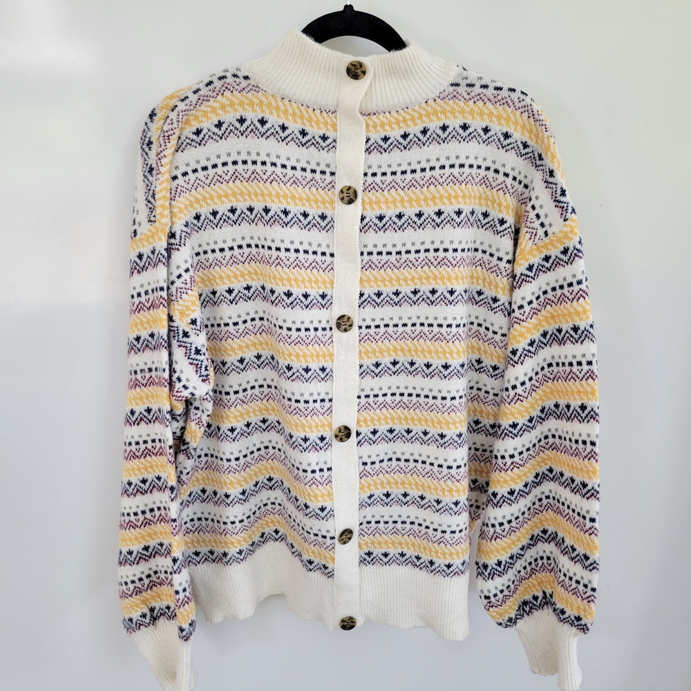 St. John's Bay Cream Fair Isle Button-Front Cardigan with Yellow & Navy Accents